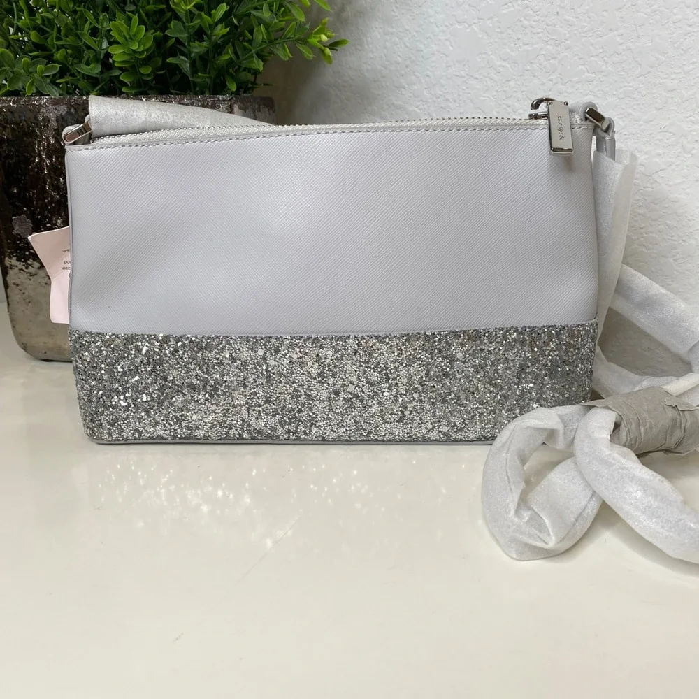 Kate Spade‎ Flash Glitter Saffiano Leather Crossbody Bag Grey Silver Glam Prom